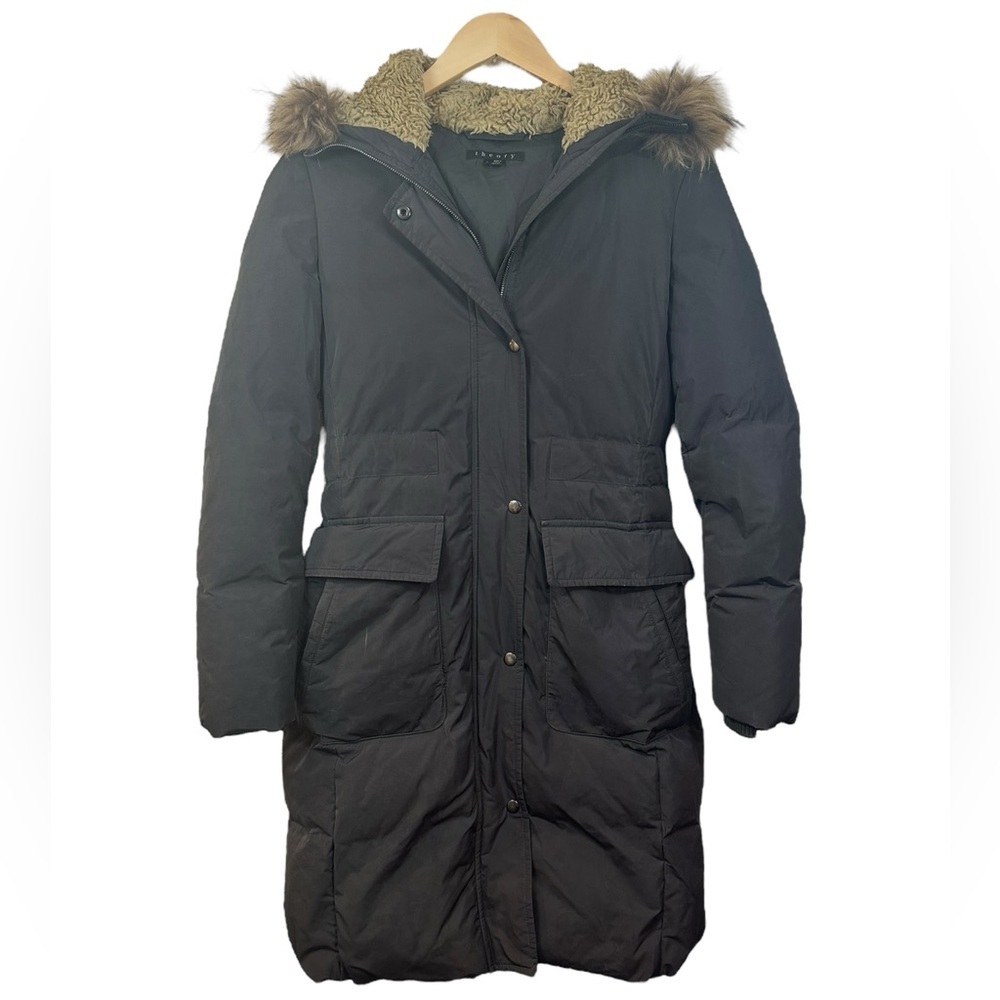 Theory Womens Down Fill Parka Coat Real Fur Luxury Winter Coat Size Small